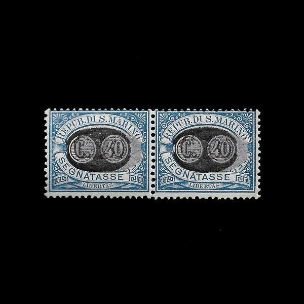 1931. Tax postmarks, horizontal pair of 40 c. on 10 c. light blue (Sass.n. 42) with the example on the right showing the decal of the mask. MNH. Zappalà Cert.