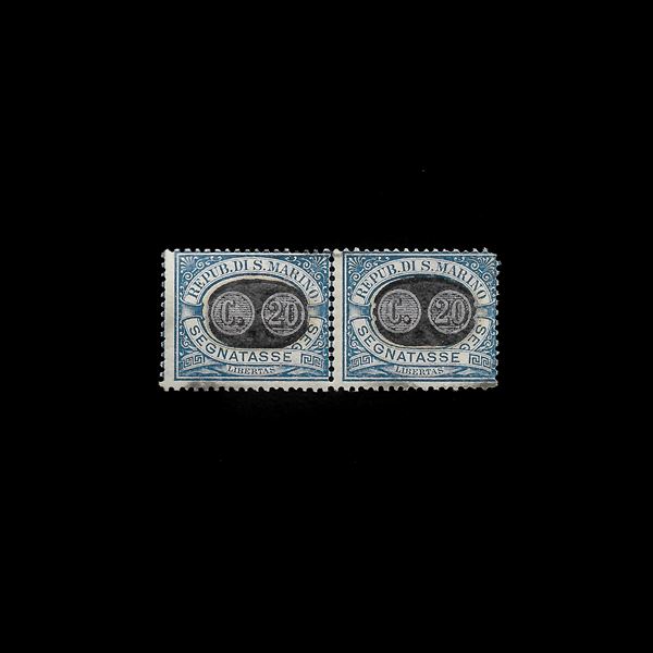 1931. Tax postmarks, horizontal pair of 20th c. on 5 c. light blue (Sass.n. 35). Both examples have a total or partial decal of the mask. MNH. Zappalà Cert.