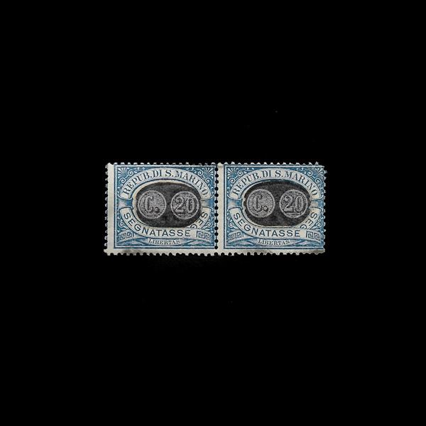 1931.  Segnatasse, coppia orizzontale del 20 c. su 5 c. azzurro (Sass.n. 35). Entrambi gli esemplari presentano il decalco  totale o parziale  della mascherina. MNH. Cert. Zappalà.