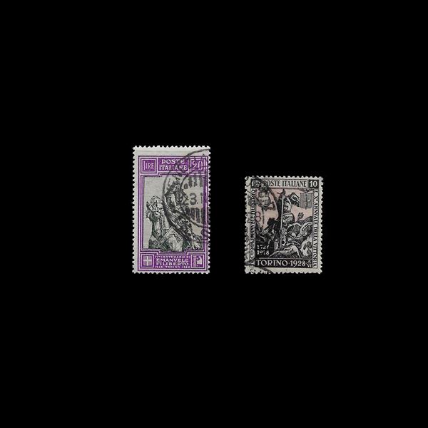 1928. 10 l. nero e rosa+ 20l. Violetto e grigio verde "Emanuele Filiberto" (Sass. N. 237 e 238) usati. Cert. Raybaudi.