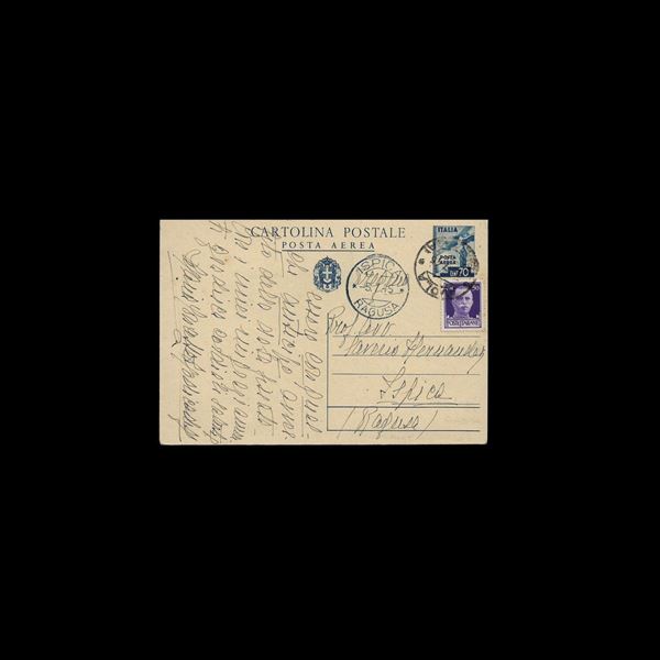 1945. Cartolina postale "posta aerea"  70 c. (Filagrano n. C100) con francobollo aggiunto, da Avola ad Ispica, usata in periodo di Luogotenenza (5/7/45).