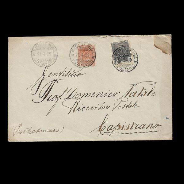 1929. Lettera da Miglierino a Capistrano del 21/4/1929, affrancata con serie completa 15 c. + 35 c. (Sassone 240/241), viaggiata il primo giorno d'emissione della  serie "Imperiale"