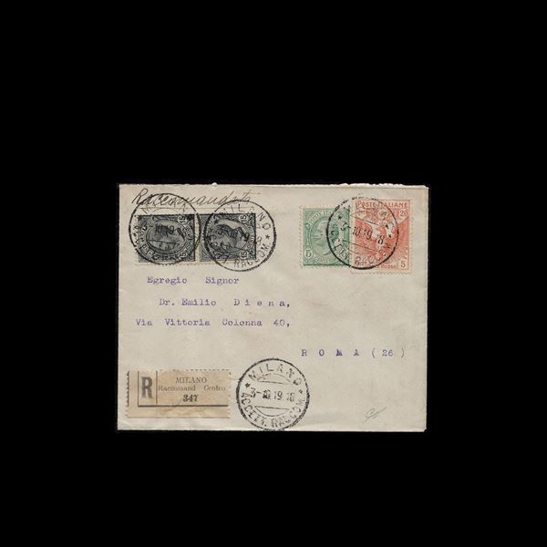 1919. Raccomandata da Milano a Roma affrancata con "Leoni"  e "Croce Rossa" 20 + 5 arancio