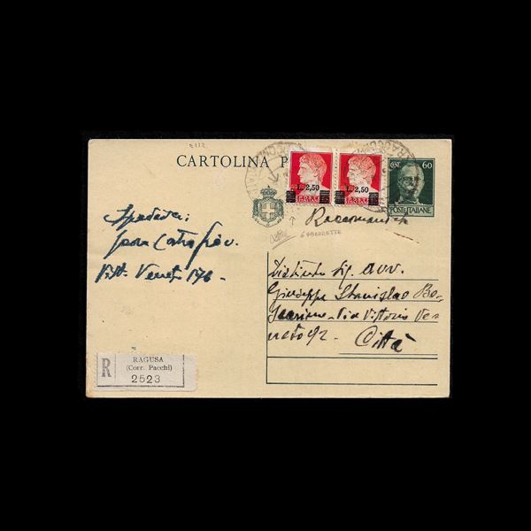Postal stationery no. CXXX from Ragusa to the city, registered rate and stamped with a pair of 2.50 lire "Imperiale" overprinted (Sass. 523). The stamp on the left has 6 bars instead of 7, position no. 91 of the sheet. Signed Zappalà.