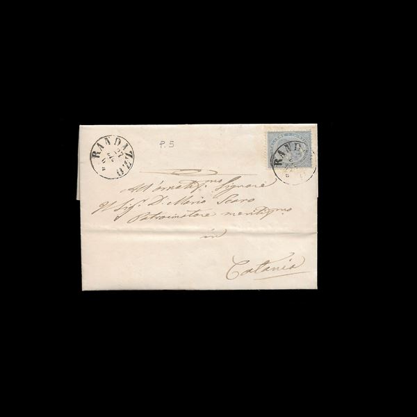 1864. Lettera affrancata con 15 c. Londra ed annullata con bollo sardo /italiano di Randazzo (P.5).