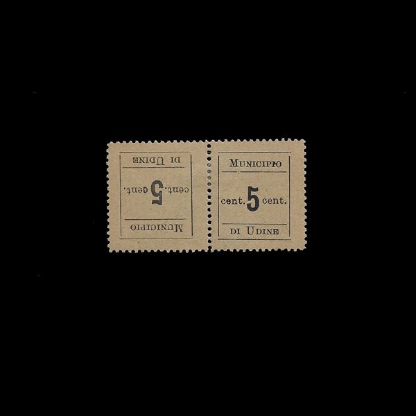 1918. Local issues: Udine, 5 c. + 5 c. black, horizontal tete-beche pair (Sass. N. 1c) used. Raybaudi Gold Cert.