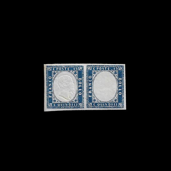 1863. Horizontal pair of the 1863 Italian stamp, 15 cent., dark blue, without embossed effigy in the example on the right (Cat. Sassone n. 11n), new with intact and original gum. Cert. Enzo Diena.