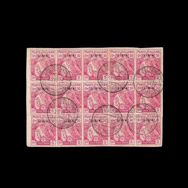 1915/1916. Red Cross, 10th c. + 5 c. pink (Sass. N. 13) block of 15 used on fragment.