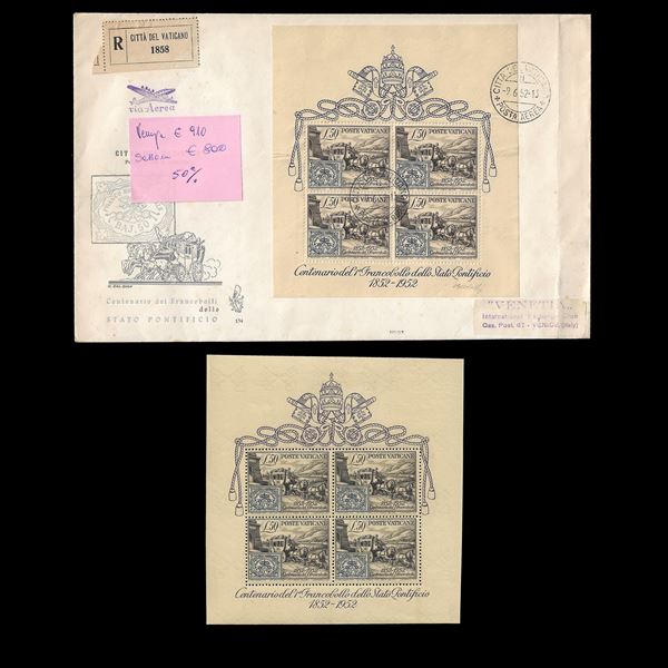 1952. Originale lotto così costituito: B/F  "Centenaio I° francobollo dello Stato Pontificio (Sassone n. 1) MNH; Idem su busta raccomandata FDC Venezia del 9/6/1952.