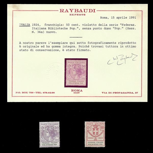 1924. Enti parastatali. 50 c. violetto della serie "Federazione Italiana Biblioteche Pop.", senza punto dopo "Pop." (Sass. 36b) + 10 c. rosa (Sass. 34b). Il 50 c. violetto reca certificazione peritale.