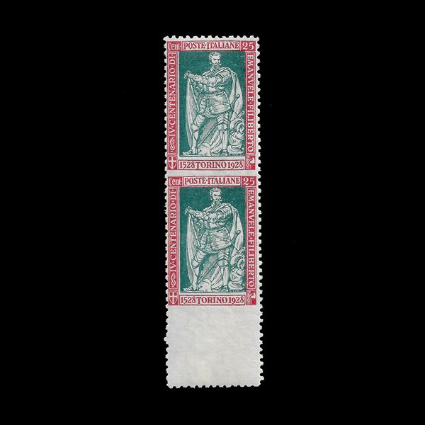 1928. 25 c. carmine and green, 4th centenary of the birth of Em.le Fil.to and 10th ann. Della Vittoria, vertical pair not notched in the center and bottom. (Sass. N. 227o).