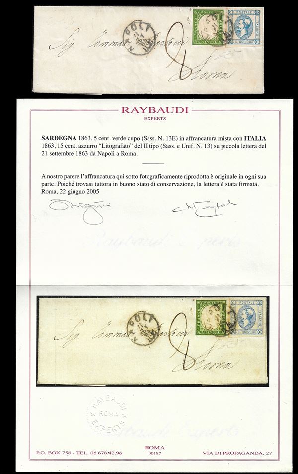 1863, 5 cent. Verde cupo (Sass. N. 13E) in affrancatura mista con Italia 1863, 15 cent. Azzurro "Litografico" del II tipo (Sass. N. 13) su piccola lettera del 21 settembre 1863 da Napoli a Roma. Cert. Ray.