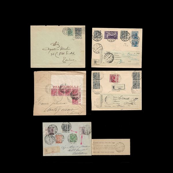 1921/27. Lotto di  5  buste con vistose varietà di dentellatura della serie "Leoni" e "Michetti" . Alto valore di catalogo, buono stato di conservazione.