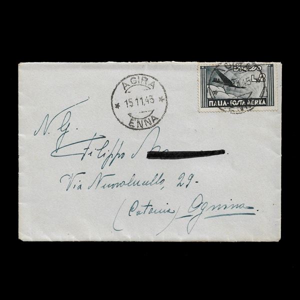 1945. Uso tardivo ed isolato del 2 lire espresso aereo (Sass. 73) su busta da Agira a Catania del 15/11/1945