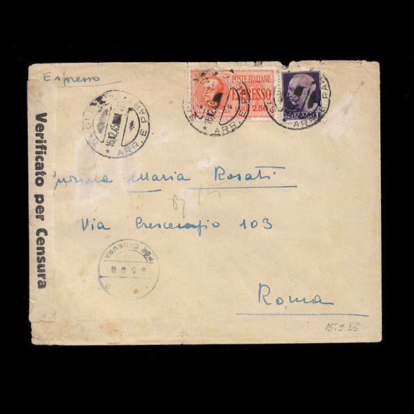 1945. Late use of the 2.50 lire express (Sass. N. 16) on the fare envelope from Spoleto to Rome dated 02/16/1945