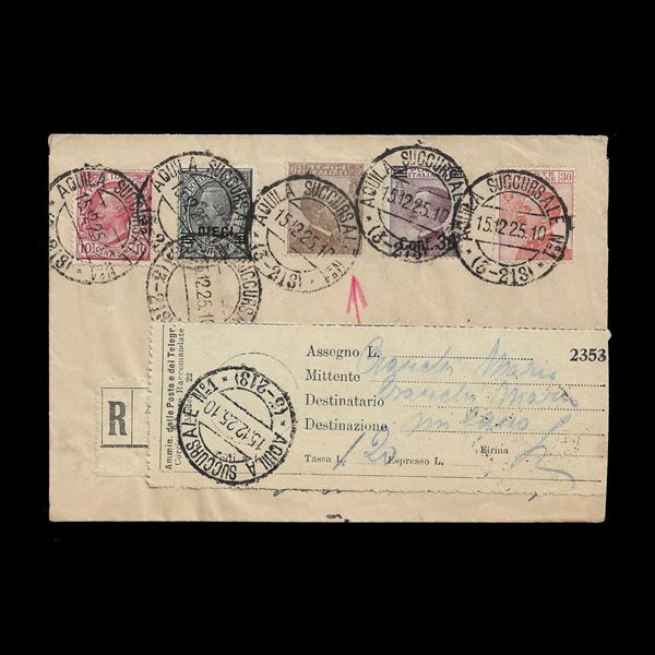 1925. Lettera raccomandata con il 40 c. "Michetti" , varietà decalco, usato a verso. Integrata con "gemelli" 30 c. "Michetti" e 10 c. "Leoni".