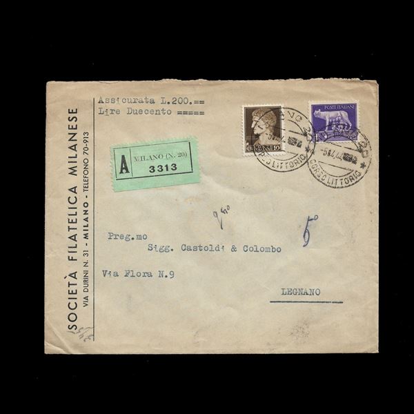 1944. Assicurata da Milano a Legnano del 5/04/1944 affrancata con "Imperiale" 3,70 lire + 10 c. (Sass. N.256a + 245). Di non facile reperibilità in periodo R.S.I.