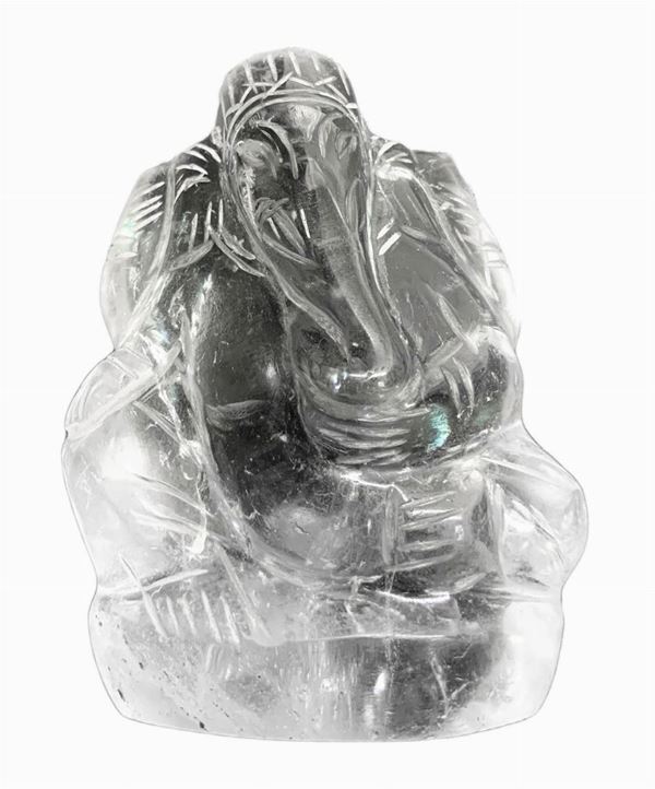 Statuetta in cristallo di rocca raffigurante “Ganesha” (Dio induista dell’amore universale). Provenienza India primi ‘900. H cm 8,5. Base cm 5.