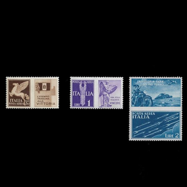 1942. Propaganda di guerra: serie "Non emessi" con appendice (Sassone n. 12A - 12C) Cert. Ray. MNH