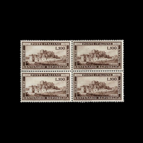 1949. 100l. Bruno "Repubblica Romana" (Sassone n. 600) new block of four copies. MNH (Cert. Ray)