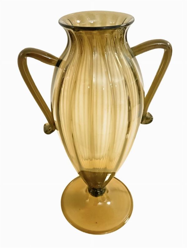 Production Murano in the style of Vittorio Zecchin. Large blown glass vase formadi balustrade in the transparent black tones, applied loops, based lenticular eversion at the top. 20s. 43x26