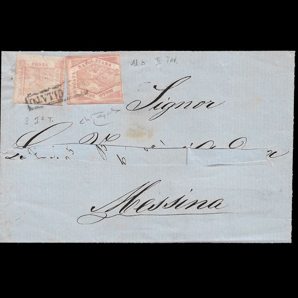 1859. 1 grano, Ia tavola, rosa chiaro + 10 grana, Iia tavola, rosa carminio chiaro (Sassone n. 3 + 11a) su lettera del 29 agosto 1859 da Napoli a Messina. Cert. Ray