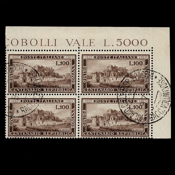 1949, 100 l. brown "Repubblica Romana" (Sassone and Unificazione n. 600) block of four copies, corner of sheet, used. Cert. Ray