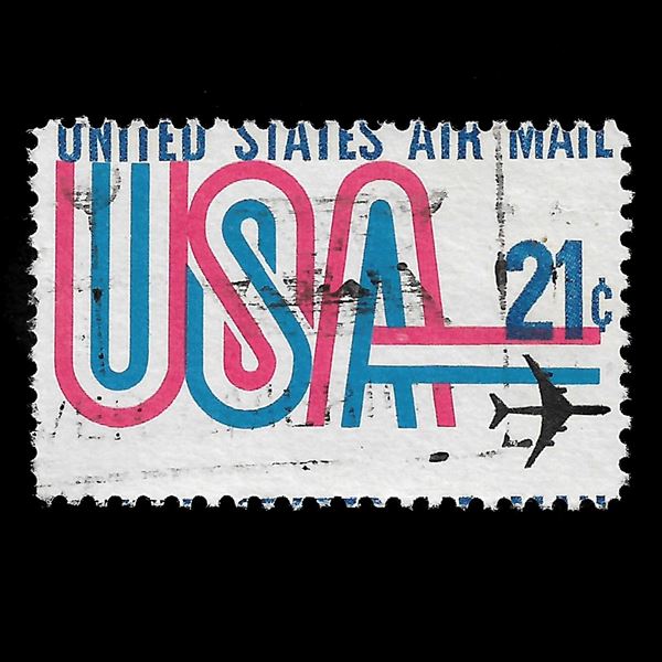 1971, 21 cents. Airmail, cancelled, with "United States Air Mail" written on top instead of bottom. Cert. Enzo Diena.