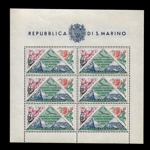 1952. 4a Giornata Filatelica San Marino - Riccione. PA stampata in foglietto (Sass. 14)