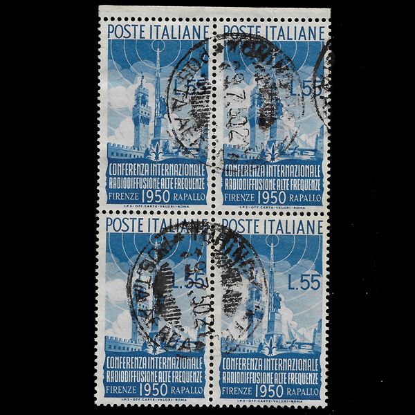 1950. 55 c. azzurro in quartina usato (Sass. 624) Radiodiffuzione. Certificato Colla.