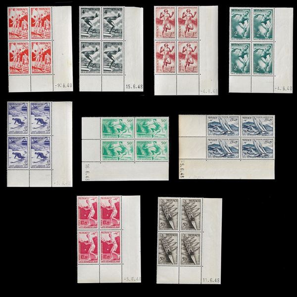 1948. Giochi olimpici di Londra. Francobolli di posta ordinaria e posta aerea in blocco di quattro, angolo di foglio destro basso (Unificato 319/23 + A32/35) MNH