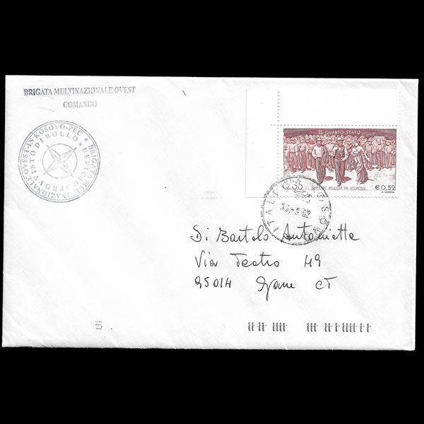 2001. Letter from Italian troops in Kosovo to Giarre dated 01.20.2002 stamped with €0.50 (Sassone n. 2563) The fourth estate of Giuseppe Pellizza da Volpedo. The stamp features the endorsement in lire, placed on the left, evanescent in the first ones