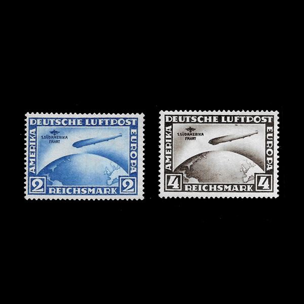 1930. Viaggio in Sud America del dirigibile Zeppelin. Leggenda: Sudamerika Fahrt. 2 m, 4 m. (Unificato A38/A39. Firmati