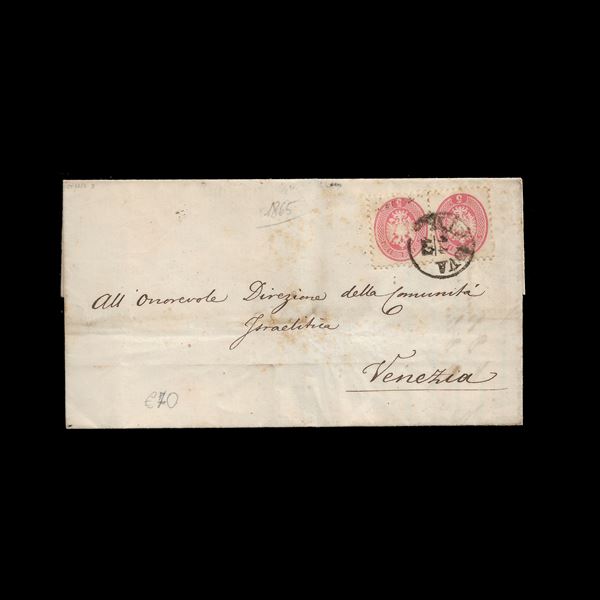Lettera affrancata per 10 soldi con coppia del n.43 e spedita alla Comunità Israelitica di Venezia il 14/12/1865. Testo incompleto.