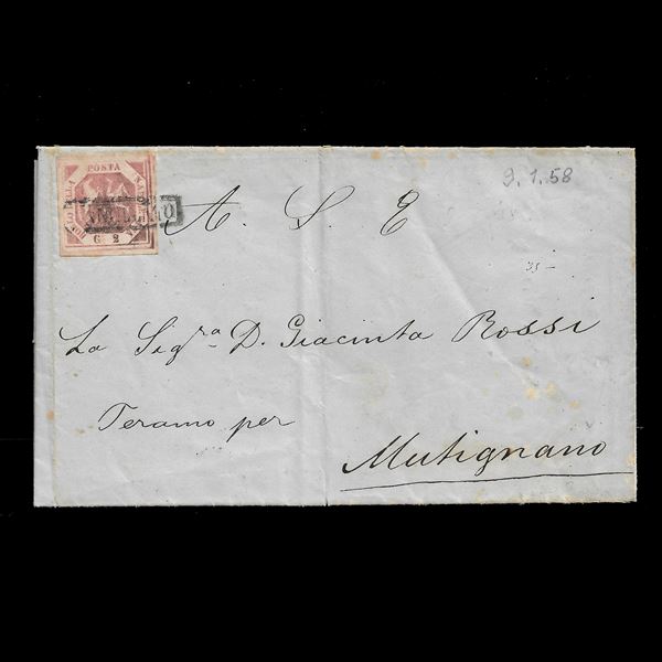 Letter from Naples to Mutignano (TE) sent with 2 isolated grana I table (n.5) on 9 January 1858, the first days of use of Bourbon stamps. Central fold. Text of historical interest: "This past year was very unfortunate for me. You would have known that on the 16th of the past month we had two violent earthquakes which did not produce any damage in the capital [...] but in Basilicata many victims are mourned and horrible disasters."  (1858)  - Auction Philatelic and Numismatic - Casa d'aste La Rosa
