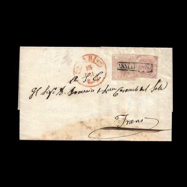 Letter sent from Bari to Trani on 15/6/1859, and stamped with 1 grain (II table) and a 2 grain copy in the "lilliput" version. Uncommon.