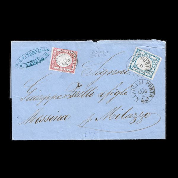 Letter sent from Naples (Naples al Porto, 14/7/1862) to Milazzo, via Messina (Bourbon postmark on the reverse), franked for seven grana with 2 gr. (n.20) + 5 gr. (n.21). The 5th grain is trimmed to the left, the 2nd grain has large margins. Unusual combination. Cardillo signature.