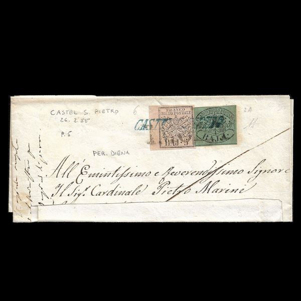 Sovracoperta viaggiata da Castel S.Pietro (p.ti 5) a Roma il 26/2/1856 e affrancata con il 5 baj. rosa carminio (n.6A) e 1 baj. verde scuro (n.2A). La missiva è piegata in corrispondenza dell'indirizzo ritagliato. Firma Diena.