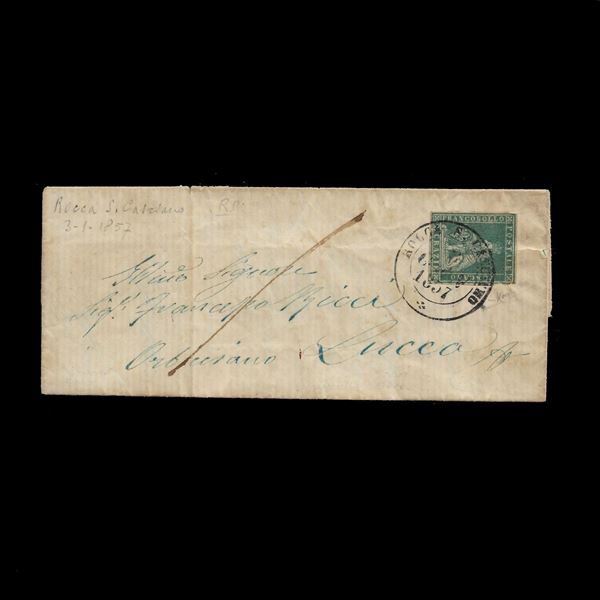 Letter stamped for 2 crazie and sent from Rocca S. Casciano (p. 8) to Lucca on 3/1/1857. On the reverse, Lucca railway stamp. Small tear at the top right of the stamp which however does not affect the effigy.  (1857)  - Auction Philatelic and Numismatic - Casa d'aste La Rosa