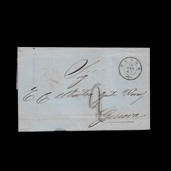 PRIMO GIORNO DELL'UNITÀ D'ITALIA. Lettera scritta il 17 marzo 1861 e impostata il giorno successivo da Dongo (CO) per Genova, tassa riscossa all'arrivo. Date storiche ben visibili negli annulli e nel testo interno. Molto rara.