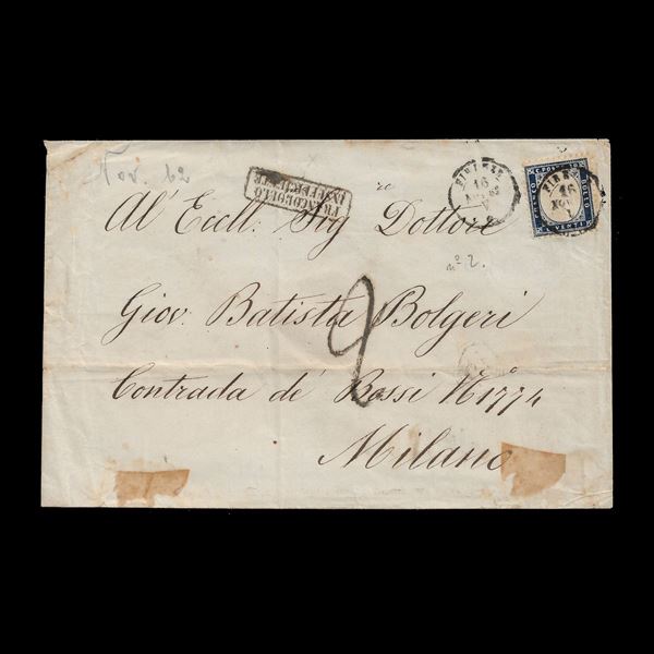 Envelope sent from Florence to Milan (11/16/1862) with an isolated copy from the 20th century. notched (n.2). Charged for insufficient postage. Victor Emmanuel II