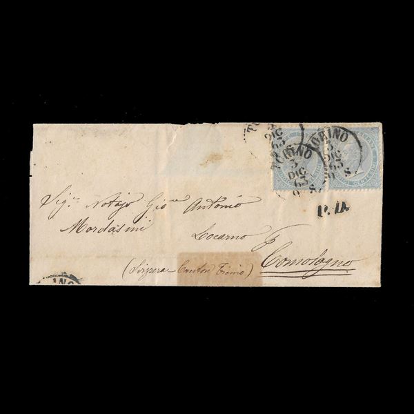 Dust jacket of a letter traveling from Turin to Switzerland with a couple from 15th c. DLR (L18) on 3 December 1863, third day of issue in the series. Rare.