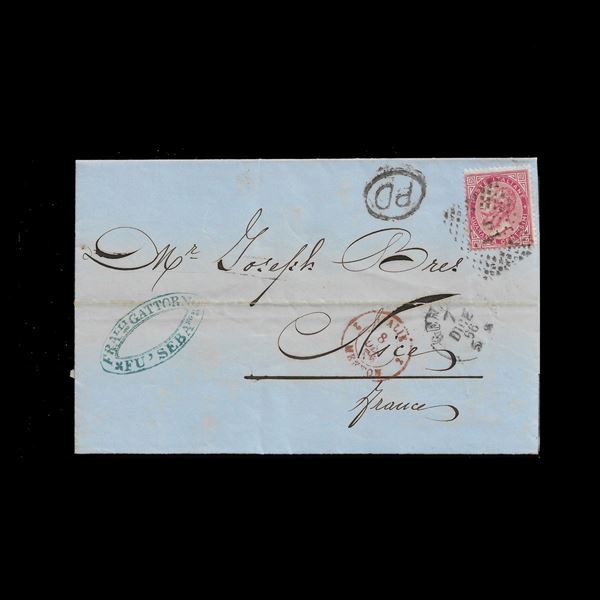 Lettera viaggiata da Genova a Nizza per la via di Mentone (bollo rosso), affrancata in tariffa per la Francia per 40 centesimi. Bollo PD ovale non comune.