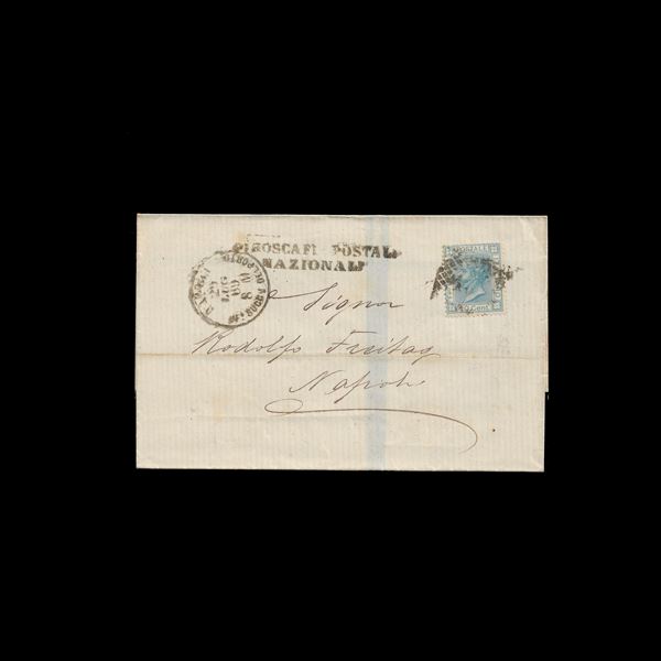 Sovracoperta di lettera viaggiata coi Piroscafi Postali Nazionali e giunta a Napoli il 29/7/1869. Bollo ben visibile al recto.