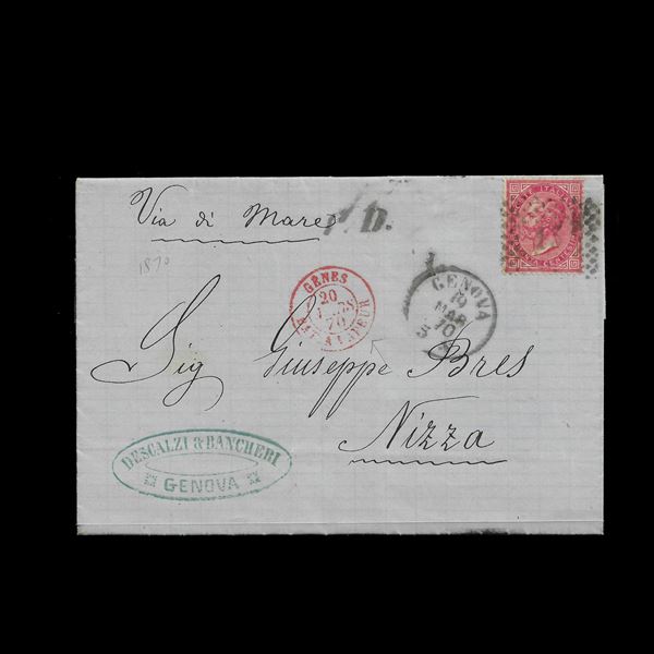 SEA ROUTES. Letter traveled from Genoa (19/3/1870) to Nice, embarked on a steamboat as evidenced by the double red circle "Genes - Bat. A Vapeur". Very nice.  (1870)  - Auction Philatelic and Numismatic - Casa d'aste La Rosa