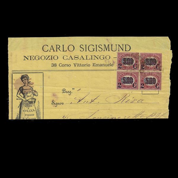 Quartina del 2 c. su 5 l. Servizio soprastampato (n.35) su fronte piegato di busta pubblicitaria viaggiata da Milano per Adro (BS). Bella intestazione del "negozio casalingo" Carlo Sigismund. Quotazione come da usato.  (1878)  - Asta Filatelia e Numismatica - Casa d'aste La Rosa