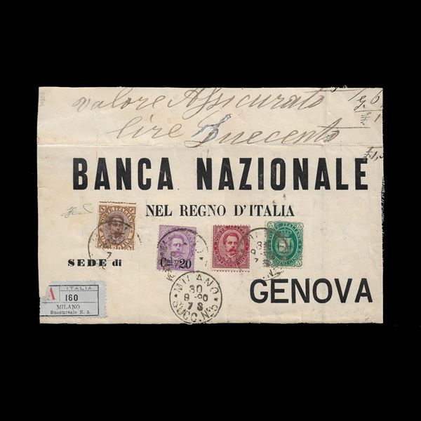 Fronte di assicurata per duecento lire viaggiato da Milano a Genova (30/9/1890) con affrancatura quadricolore formata da ben tre emissioni diverse (n.38+44+48+58) per la tariffa di 1,35 lire. Pieghe che non interessano i francobolli. Ottimo insieme di bell'aspetto. Firma Ferrario.