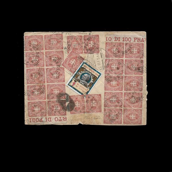 Registered mail sent from Messina to Montreal (Canada) at a registered rate for abroad. Spectacular postage on the reverse consisting of 25 copies (including two blocks of 10) from the 2nd c. (n.66) issued just two months earlier; at the Erinnophile center of Pope Leo XIII. Some unavoidable flaws, worth examining. Uncommon destination.
