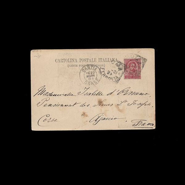 Illustrated postcard sent at a rate of 10 c. Umberto (n.60) from Rome to Ajaccio (Corsica). Uncommon destination.