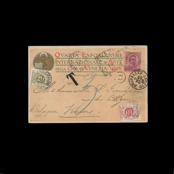Cartolina decorata della Quarta Esposizione Internazionale d'Arte di Venezia del 1901, viaggiata con 10 c. Umberto (n.60) per il Belgio e qui tassata con due segnatasse da 10 e 20 centesimi. Molto bella.